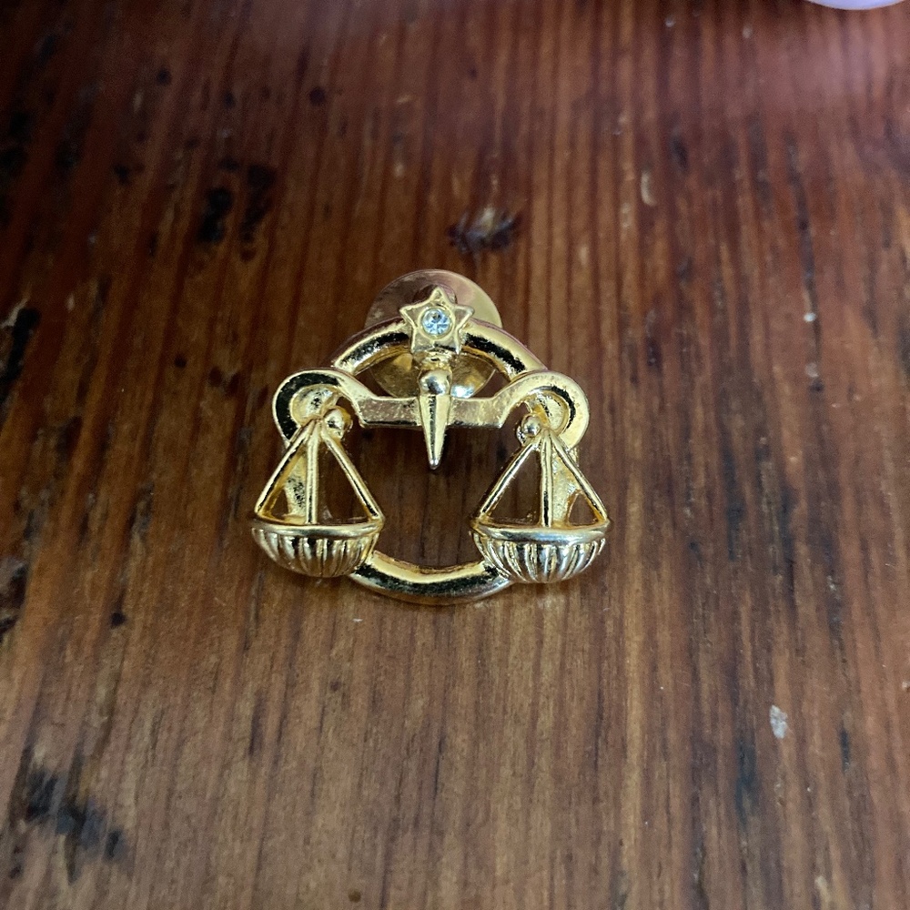 1980’s Avon Libra Tac Pin Brooch, Vintage, Goldtone Scales and Rhinstone